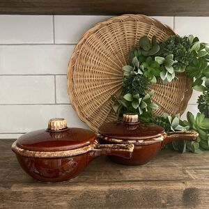 Vintage Hull Stoneware Brown Drip Glazed Pottery Set 2 Casserole Crock Lids